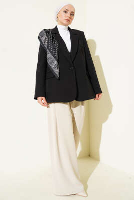 Fularlı Düğmeli Blazer Ceket Siyah - Ceket