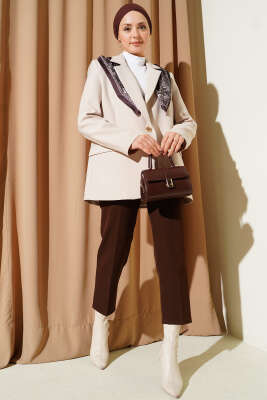 Fularlı Düğmeli Blazer Ceket Taş - Ceket