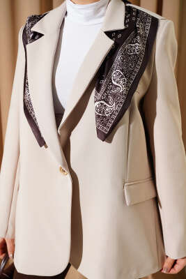 Fularlı Düğmeli Blazer Ceket Taş - Ceket