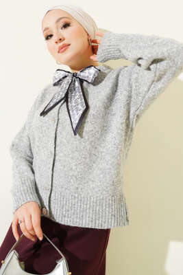 Fularlı Düğmeli Triko Hırka Gri - VANİZA TRİKO