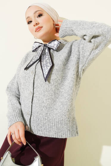  Fularlı Düğmeli Triko Hırka Gri - Hırka