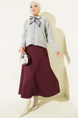  Fularlı Düğmeli Triko Hırka Gri - Hırka