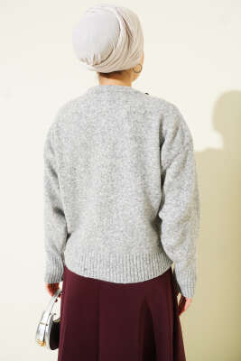  Fularlı Düğmeli Triko Hırka Gri - Hırka