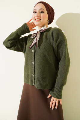  Fularlı Düğmeli Triko Hırka Haki - VANİZA TRİKO