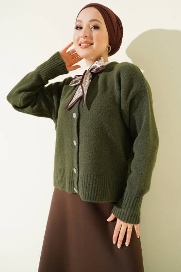  Fularlı Düğmeli Triko Hırka Haki - Hırka