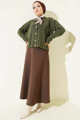  Fularlı Düğmeli Triko Hırka Haki - Hırka