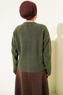  Fularlı Düğmeli Triko Hırka Haki - Hırka