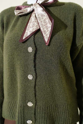  Fularlı Düğmeli Triko Hırka Haki - Hırka