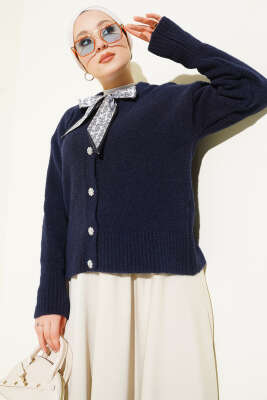  Fularlı Düğmeli Triko Hırka Lacivert - VANİZA TRİKO