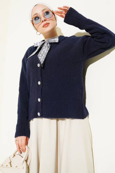  Fularlı Düğmeli Triko Hırka Lacivert - Hırka