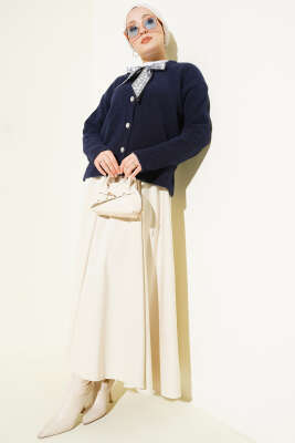  Fularlı Düğmeli Triko Hırka Lacivert - Hırka