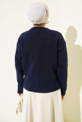  Fularlı Düğmeli Triko Hırka Lacivert - Hırka