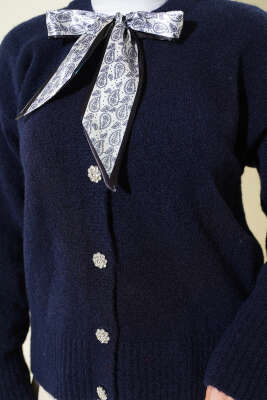  Fularlı Düğmeli Triko Hırka Lacivert - Hırka