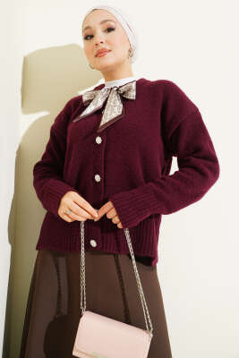  Fularlı Düğmeli Triko Hırka Mürdüm - VANİZA TRİKO