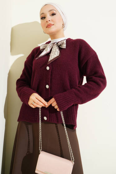  Fularlı Düğmeli Triko Hırka Mürdüm - Hırka