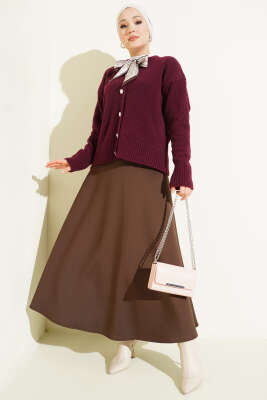  Fularlı Düğmeli Triko Hırka Mürdüm - Hırka