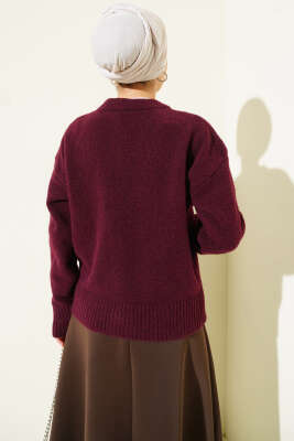  Fularlı Düğmeli Triko Hırka Mürdüm - Hırka