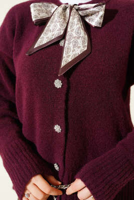  Fularlı Düğmeli Triko Hırka Mürdüm - Hırka