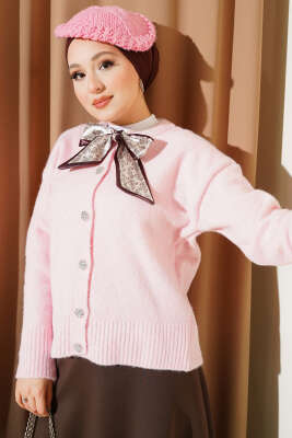  Fularlı Düğmeli Triko Hırka Pembe - VANİZA TRİKO