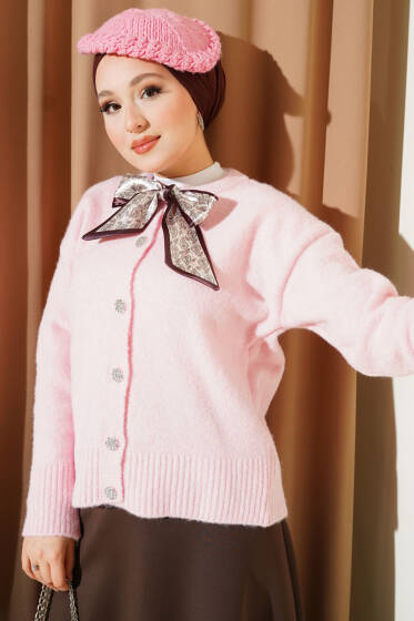  Fularlı Düğmeli Triko Hırka Pembe - Hırka