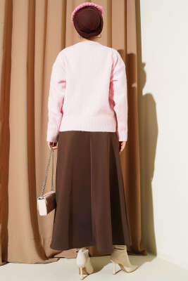  Fularlı Düğmeli Triko Hırka Pembe - Hırka