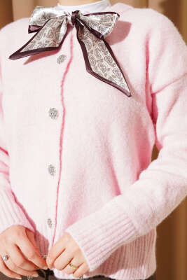  Fularlı Düğmeli Triko Hırka Pembe - Hırka