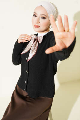  Fularlı Düğmeli Triko Hırka Siyah - VANİZA TRİKO