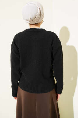  Fularlı Düğmeli Triko Hırka Siyah - Hırka