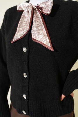  Fularlı Düğmeli Triko Hırka Siyah - Hırka