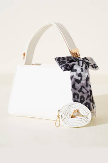 Fularlı Fermuarlı El Çanta Beyaz - Kol Çantası