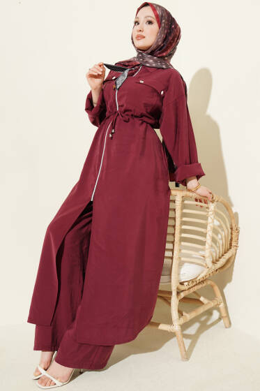 Fularlı Fermuarlı Modal Uzun Tunikli Takım Bordo - İkili Takım