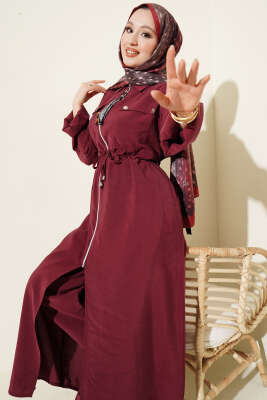 Fularlı Fermuarlı Modal Uzun Tunikli Takım Bordo - İkili Takım