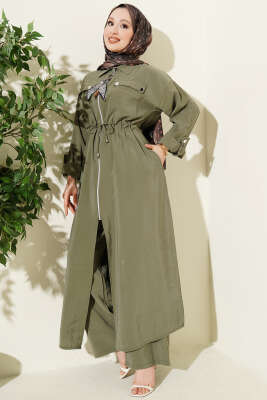 Fularlı Fermuarlı Modal Uzun Tunikli Takım Çağla Yeşili - NESSİA
