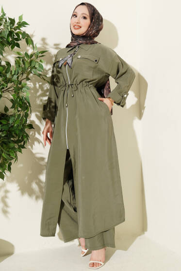 Fularlı Fermuarlı Modal Uzun Tunikli Takım Çağla Yeşili - İkili Takım