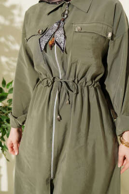 Fularlı Fermuarlı Modal Uzun Tunikli Takım Çağla Yeşili - İkili Takım