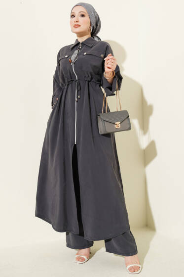 Fularlı Fermuarlı Modal Uzun Tunikli Takım Füme - İkili Takım