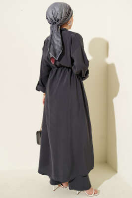 Fularlı Fermuarlı Modal Uzun Tunikli Takım Füme - İkili Takım