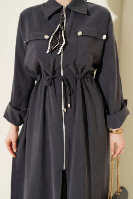 Fularlı Fermuarlı Modal Uzun Tunikli Takım Füme - İkili Takım