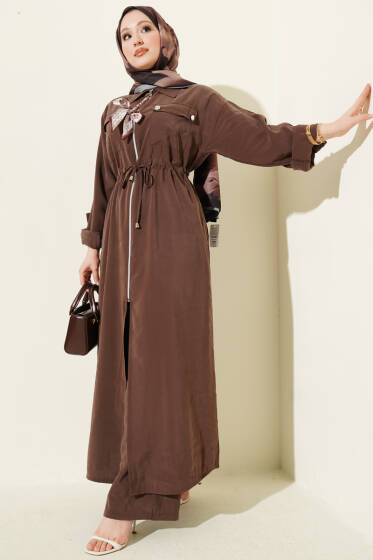 Fularlı Fermuarlı Modal Uzun Tunikli Takım Kahve - İkili Takım