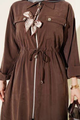 Fularlı Fermuarlı Modal Uzun Tunikli Takım Kahve - İkili Takım