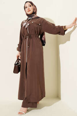 Fularlı Fermuarlı Modal Uzun Tunikli Takım Kahve 