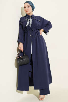 Fularlı Fermuarlı Modal Uzun Tunikli Takım Lacivert - NESSİA