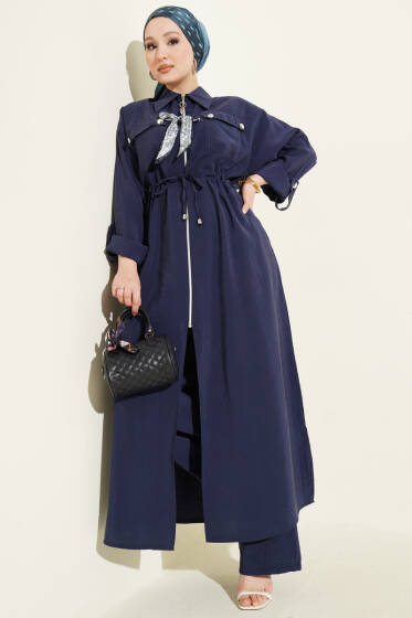 Fularlı Fermuarlı Modal Uzun Tunikli Takım Lacivert - İkili Takım