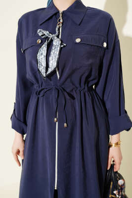 Fularlı Fermuarlı Modal Uzun Tunikli Takım Lacivert - İkili Takım