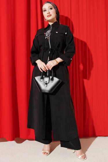 Fularlı Fermuarlı Modal Uzun Tunikli Takım Siyah - İkili Takım