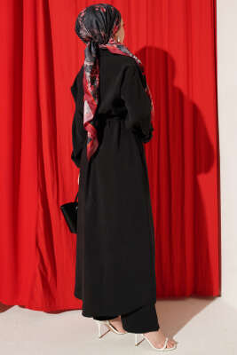 Fularlı Fermuarlı Modal Uzun Tunikli Takım Siyah - İkili Takım