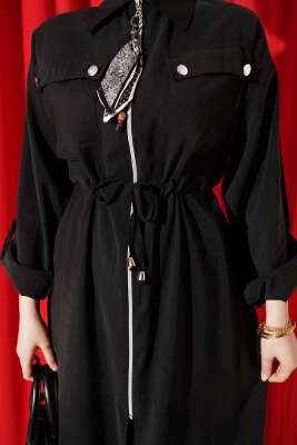 Fularlı Fermuarlı Modal Uzun Tunikli Takım Siyah - İkili Takım