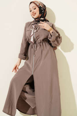 Fularlı Fermuarlı Modal Uzun Tunikli Takım Vizon - NESSİA