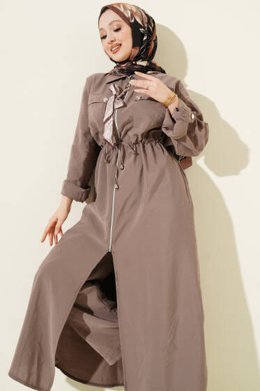 Fularlı Fermuarlı Modal Uzun Tunikli Takım Vizon - İkili Takım
