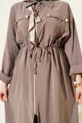 Fularlı Fermuarlı Modal Uzun Tunikli Takım Vizon - İkili Takım